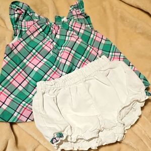 12-18m Green and Pink Plaid + shortie bloomers Ruffled Edges set gymboree